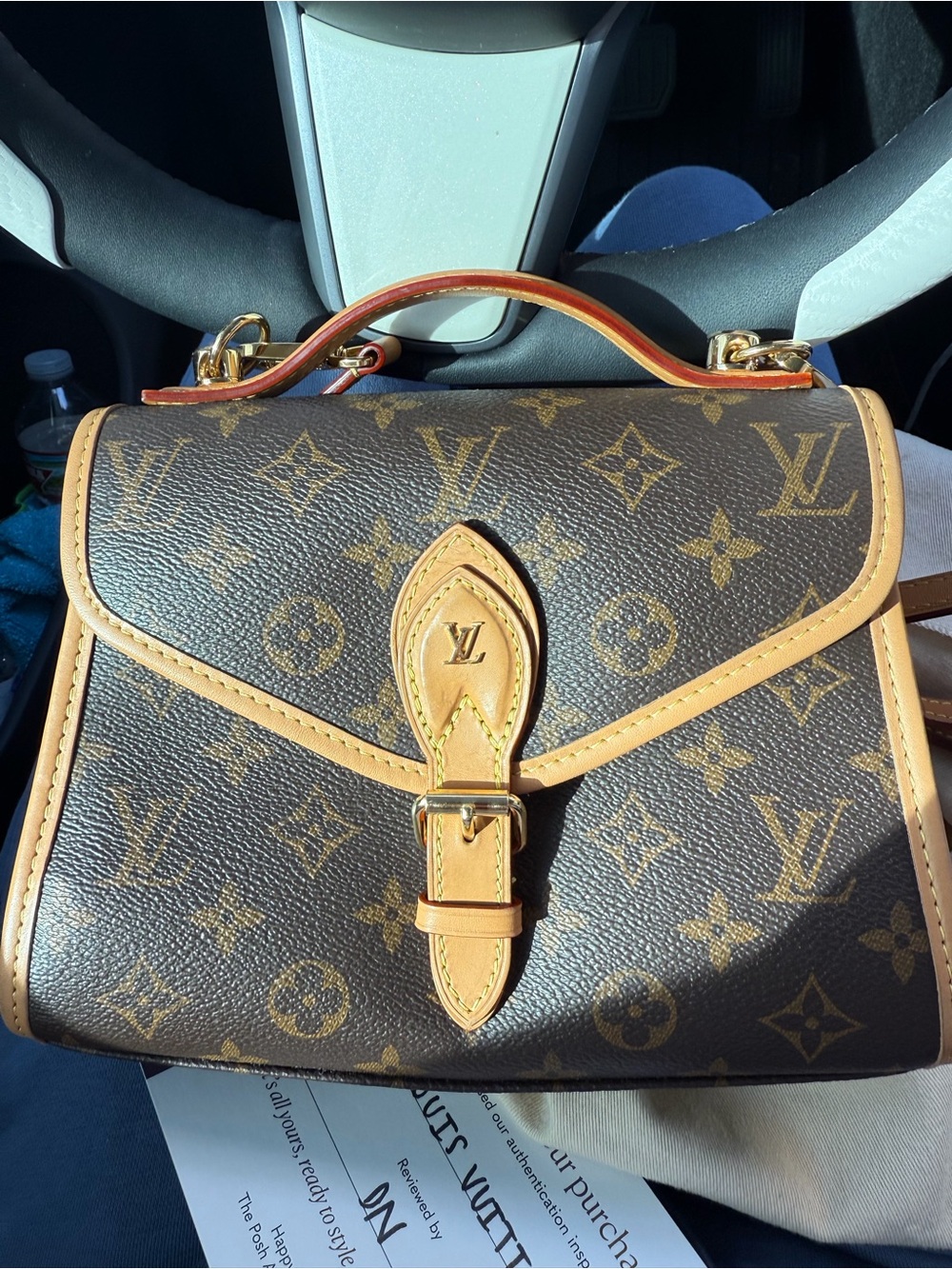 Louis Vuitton Monogram Canvas Satchel with Tan Trim and Gold Hardware